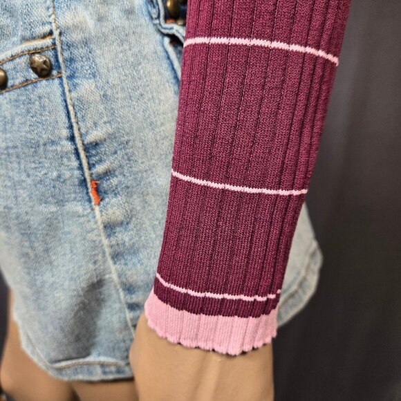 Vintage 90s striped Turtleneck Sweater Size S Burgundy Pink Ribbed Long Sleeve - Picture 6 of 11